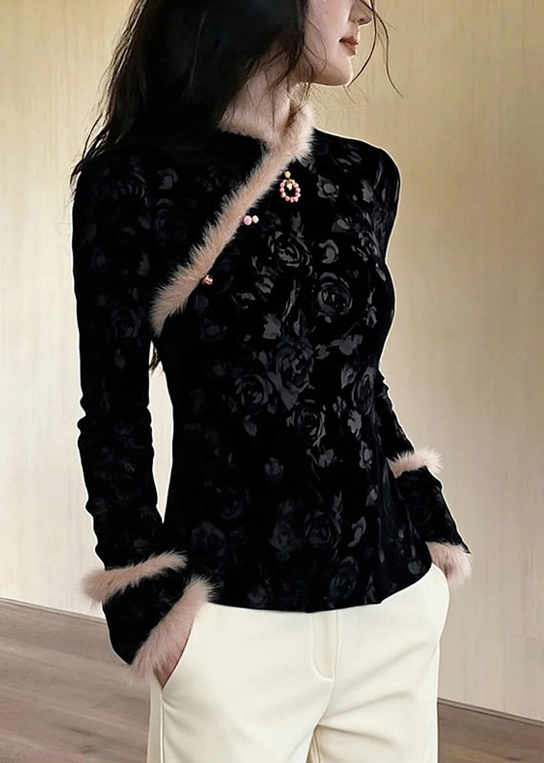 Chinese Style Black Jacquard Patchwork Faux Fur Blouses Winter