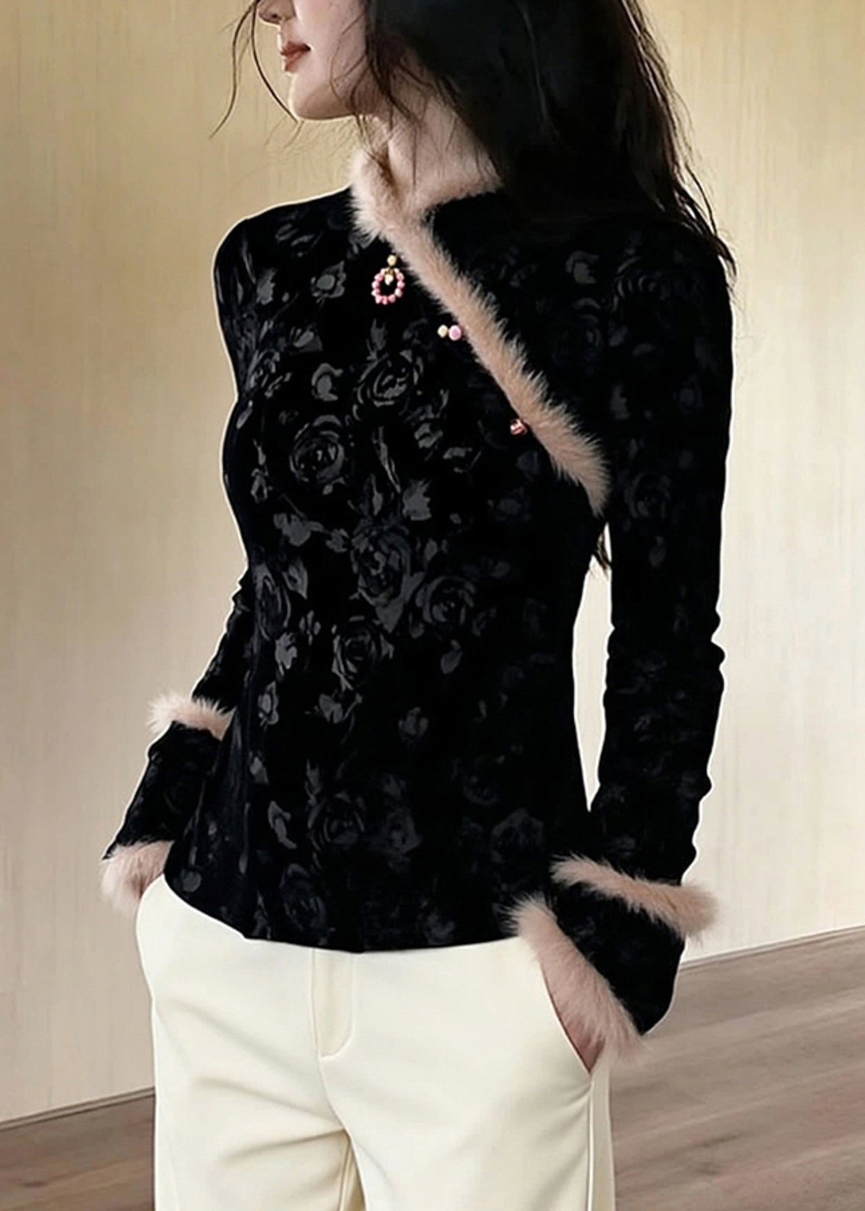 Chinese Style Black Jacquard Patchwork Faux Fur Blouses Winter
