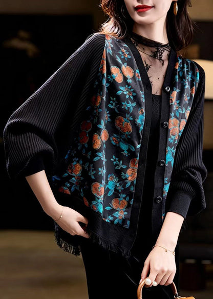 Chinese Style Black Jacquard Patchwork Knit Cardigan Batwing Sleeve