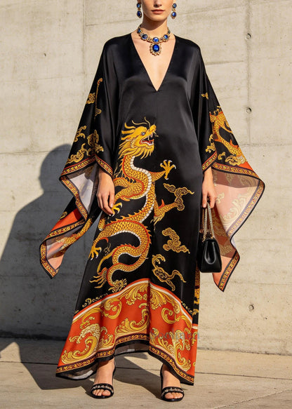Chinese Style Black Oversized Print Chiffon Maxi Dress Batwing Sleeve