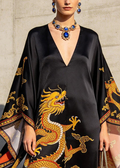 Chinese Style Black Oversized Print Chiffon Maxi Dress Batwing Sleeve