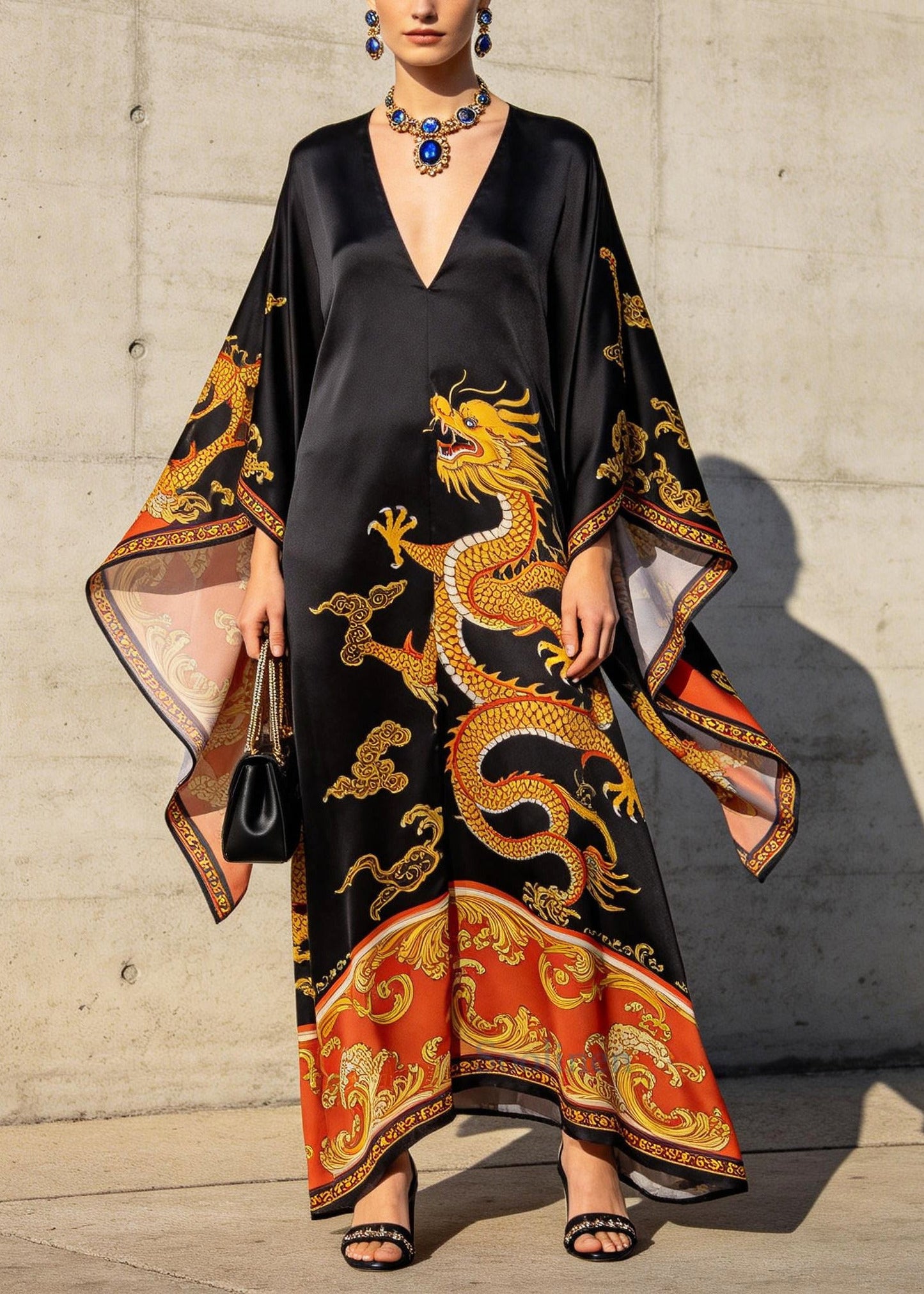 Chinese Style Black Oversized Print Chiffon Maxi Dress Batwing Sleeve
