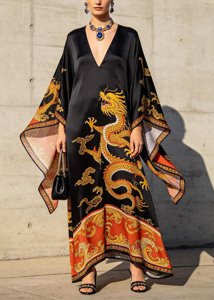 Chinese Style Black Oversized Print Chiffon Maxi Dress Batwing Sleeve