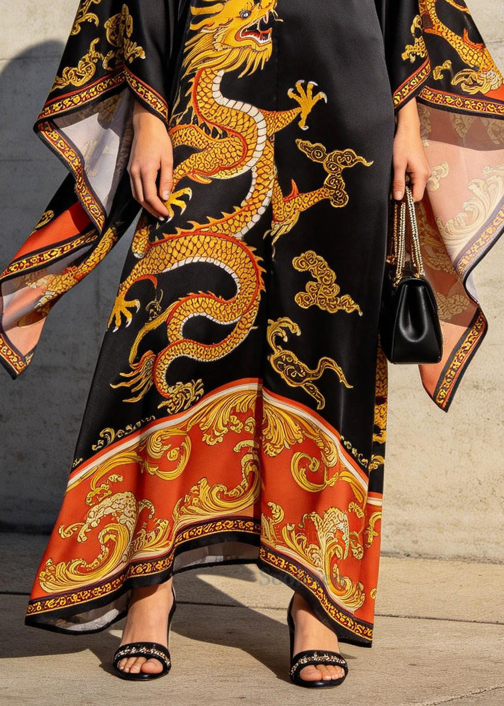 Chinese Style Black Oversized Print Chiffon Maxi Dress Batwing Sleeve