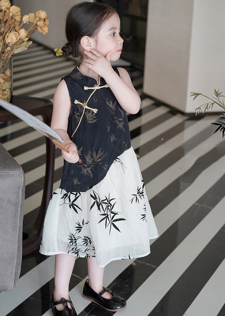 Chinese Style Black Print Patchwork Cotton Baby Girls Dress Summer