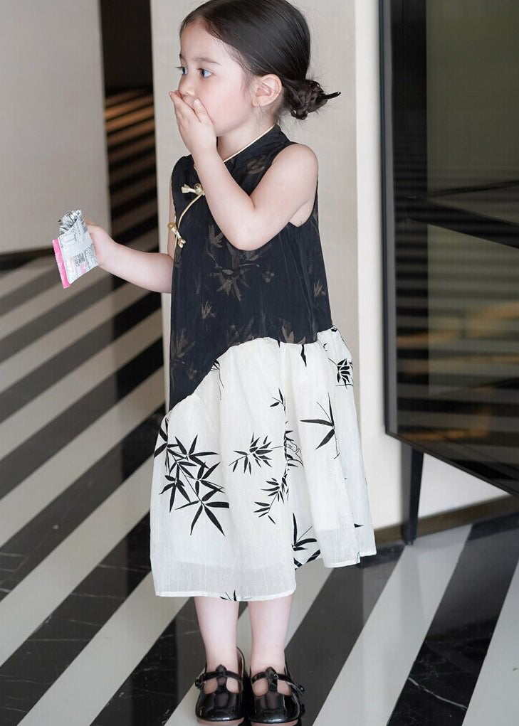 Chinese Style Black Print Patchwork Cotton Baby Girls Dress Summer