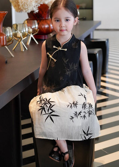 Chinese Style Black Print Patchwork Cotton Baby Girls Dress Summer