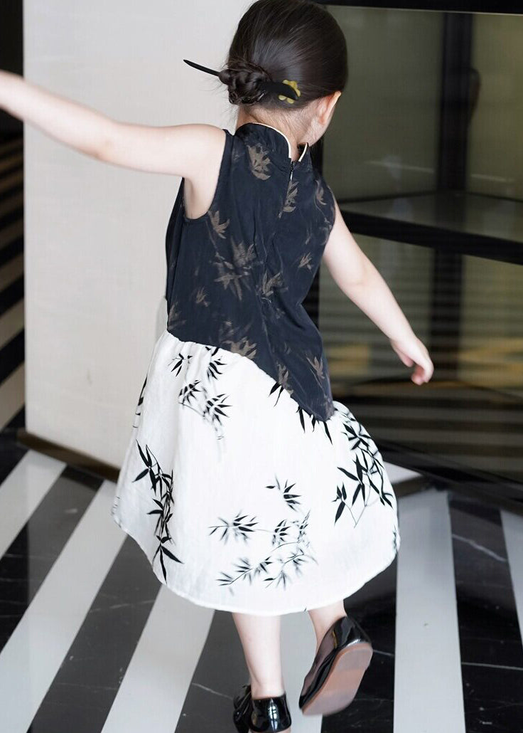 Chinese Style Black Print Patchwork Cotton Baby Girls Dress Summer