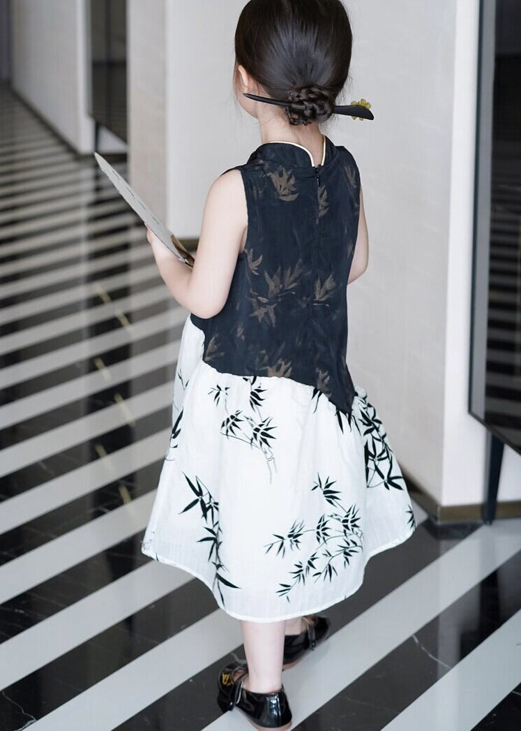 Chinese Style Black Print Patchwork Cotton Baby Girls Dress Summer