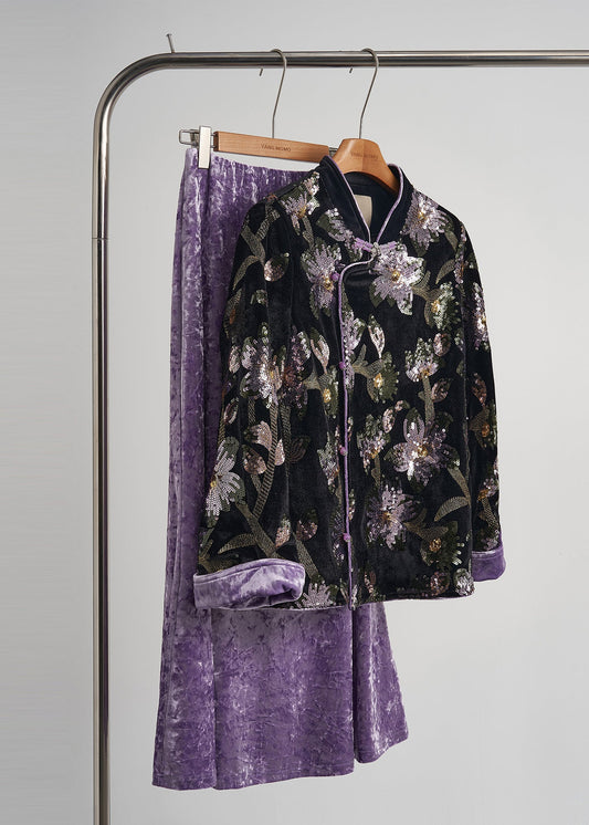 Chinese Style Black Sequins Embroidered Silk Velvet Coats Spring