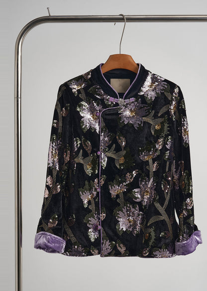 Schwarze, paillettenbestickte Seidensamtmäntel im chinesischen Stil – Frühling