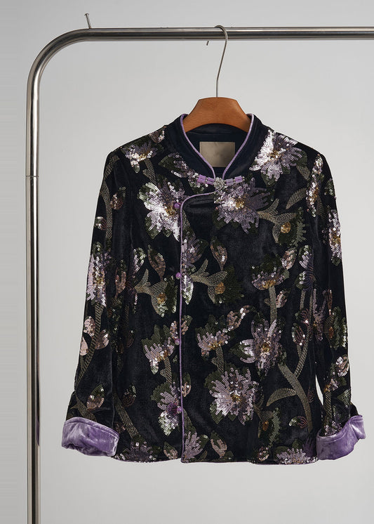 Chinese Style Black Sequins Embroidered Silk Velvet Coats Spring