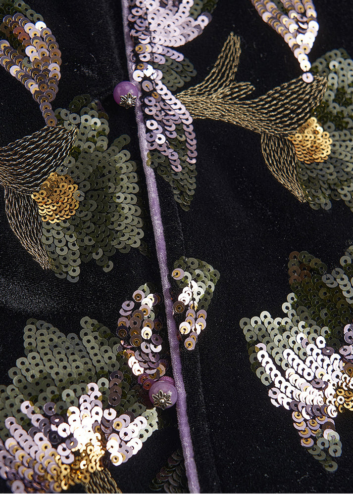 Schwarze, paillettenbestickte Seidensamtmäntel im chinesischen Stil – Frühling