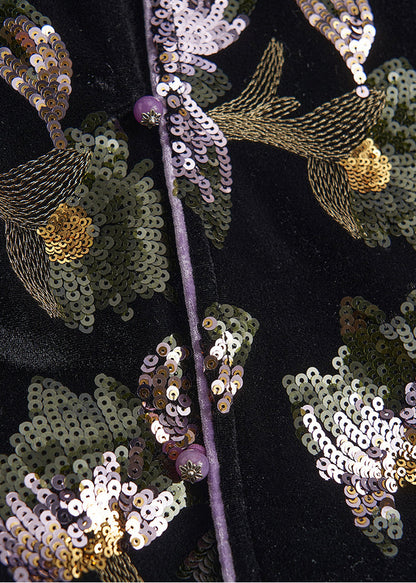 Schwarze, paillettenbestickte Seidensamtmäntel im chinesischen Stil – Frühling