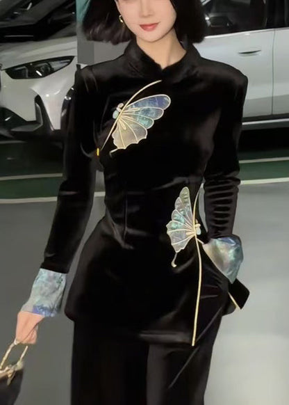 Chinese Style Black Stand Collar Embroidered Velour Two Pieces Set Spring