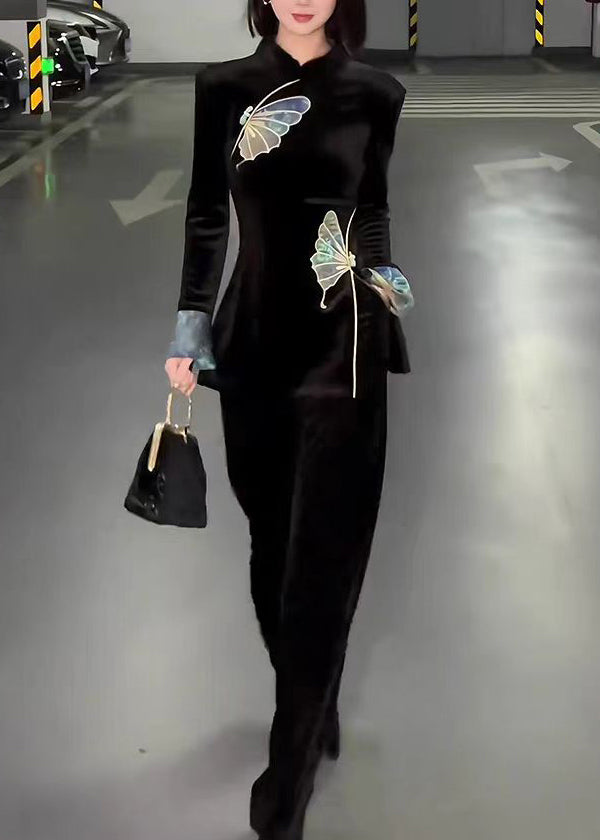 Chinese Style Black Stand Collar Embroidered Velour Two Pieces Set Spring
