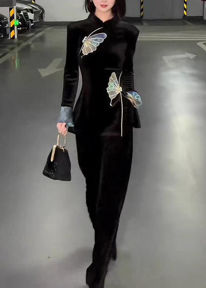 Chinese Style Black Stand Collar Embroidered Velour Two Pieces Set Spring