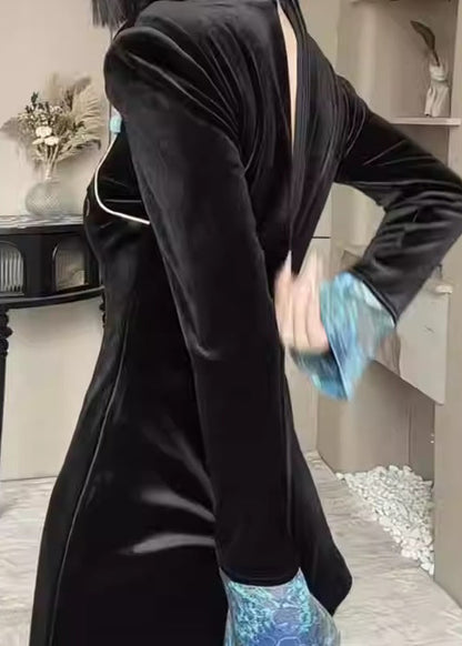 Chinese Style Black Stand Collar Embroidered Velour Two Pieces Set Spring