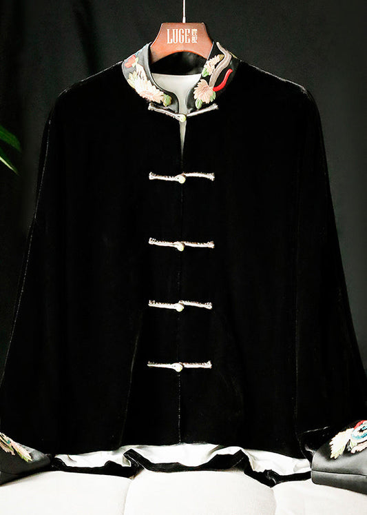 Chinesischen Stil Schwarz Stehkragen Bestickt Patchwork Velour Mäntel Langarm