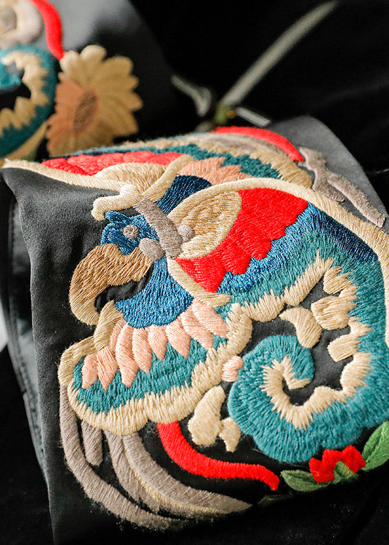 Chinesischen Stil Schwarz Stehkragen Bestickt Patchwork Velour Mäntel Langarm