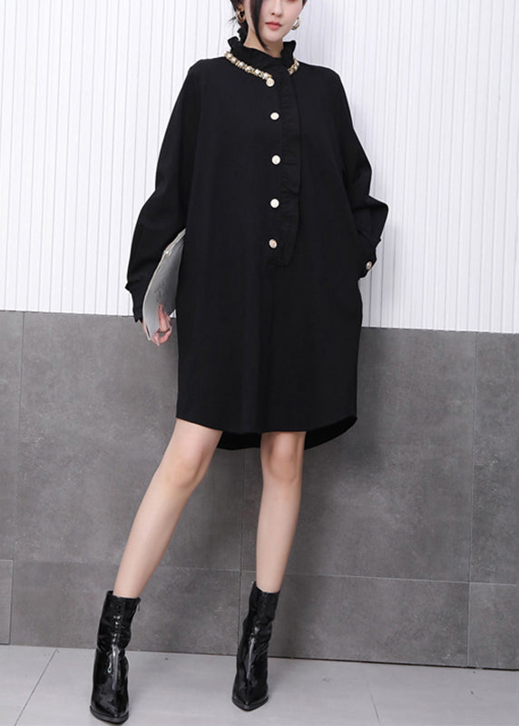 Chinese Style Black Stand Collar Floral Mid Dress Fall