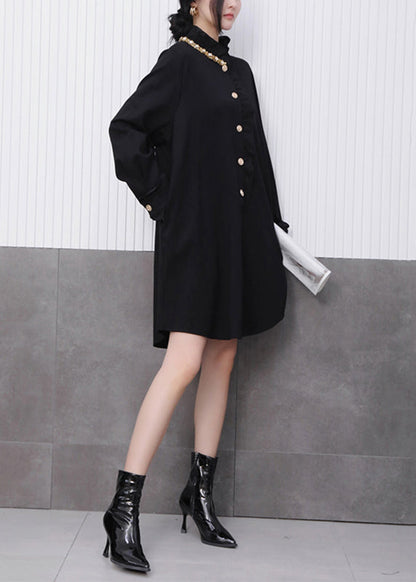 Chinese Style Black Stand Collar Floral Mid Dress Fall