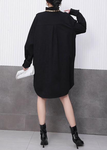 Chinese Style Black Stand Collar Floral Mid Dress Fall