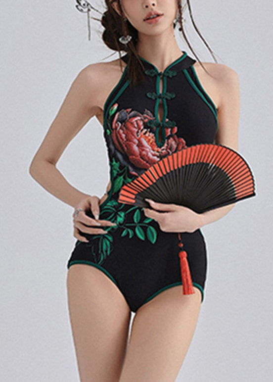 Chinese Style Black Stand Collar Print Butto Bodysui