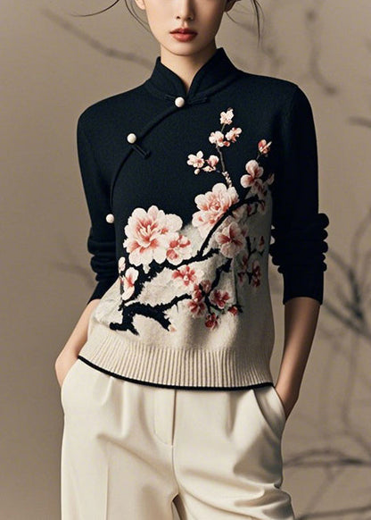 Schwarzer Strickpullover im chinesischen Stil mit Stehkragen und Printmuster für den Winter