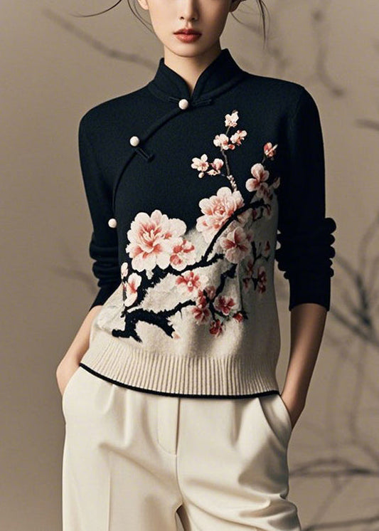 Chinese Style Black Stand Collar Print Knit Sweaters Winter