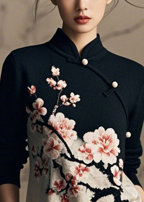 Schwarzer Strickpullover im chinesischen Stil mit Stehkragen und Printmuster für den Winter