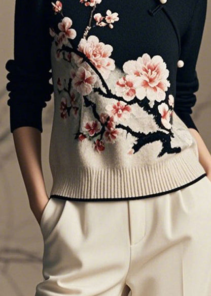 Schwarzer Strickpullover im chinesischen Stil mit Stehkragen und Printmuster für den Winter