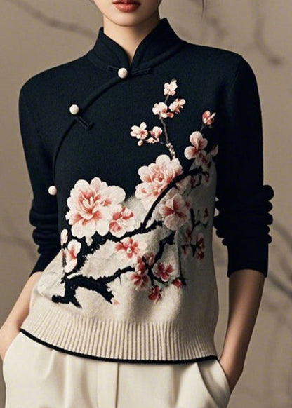 Schwarzer Strickpullover im chinesischen Stil mit Stehkragen und Printmuster für den Winter