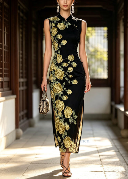 Chinese Style Black Stand Collar Print Tulle Dress Sleeveless