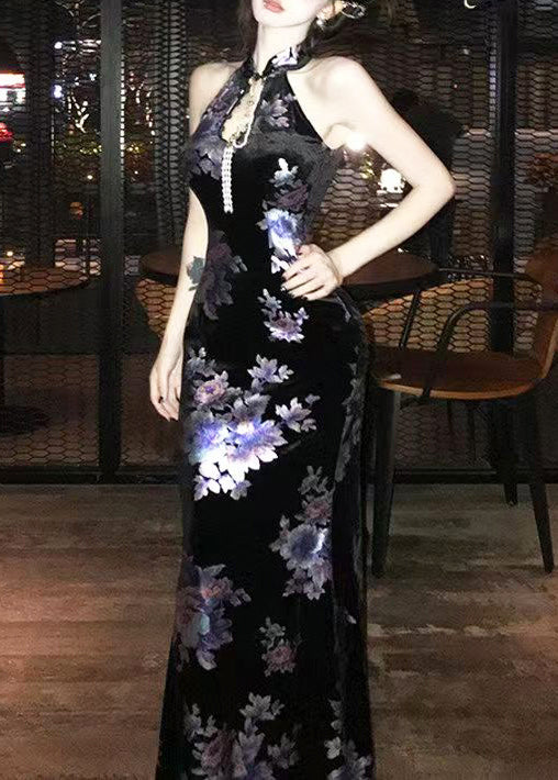 Chinese Style Black Stand Collar Print Velvet Dresses Sleeveless