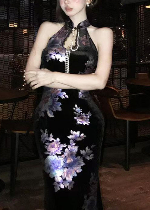 Chinese Style Black Stand Collar Print Velvet Dresses Sleeveless