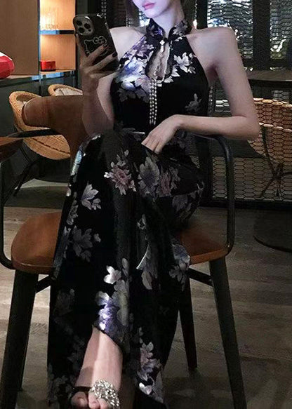 Chinese Style Black Stand Collar Print Velvet Dresses Sleeveless