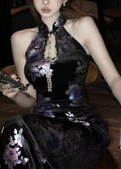 Chinese Style Black Stand Collar Print Velvet Dresses Sleeveless