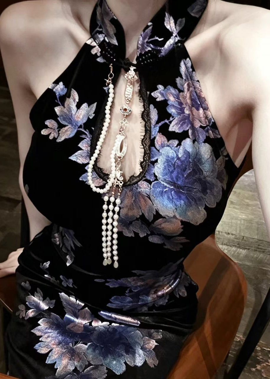 Chinese Style Black Stand Collar Print Velvet Dresses Sleeveless
