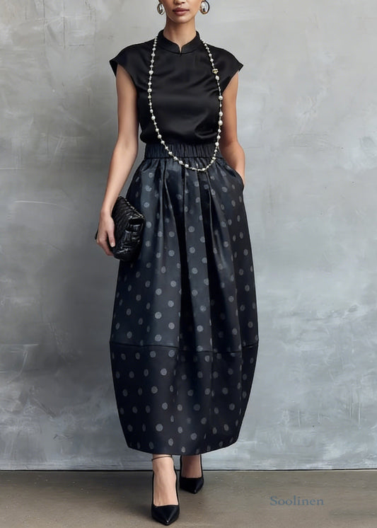 Chinese Style Black Stand Collar Shirts And Dot Skirts Silk Two Piece Set Summer