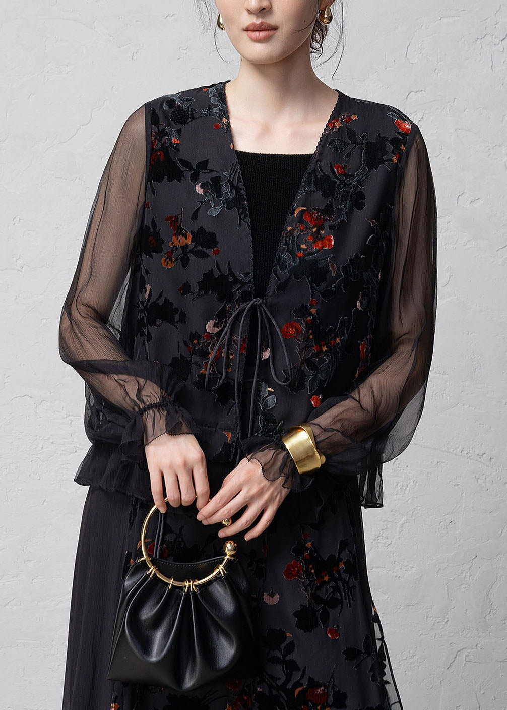 Chinese Style Black V Neck Jacquard Lace Up Silk Cardigans Summer