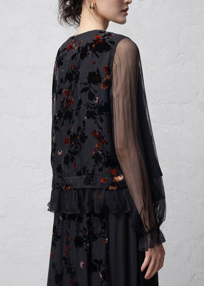 Chinese Style Black V Neck Jacquard Lace Up Silk Cardigans Summer