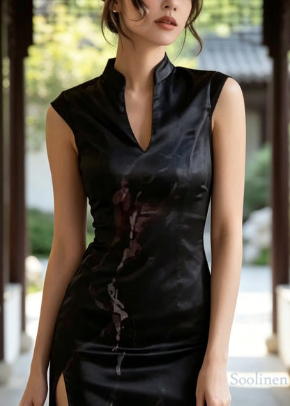 Chinese Style Black V Neck Print Silk Mini Dress Summer