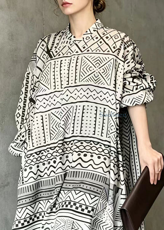 Chinese Style Black White Geometric Print Dress Long Sleeve
