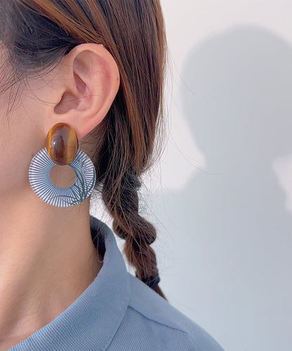 Chinese Style Blue Alloy Acrylic Amber Hoop Earrings