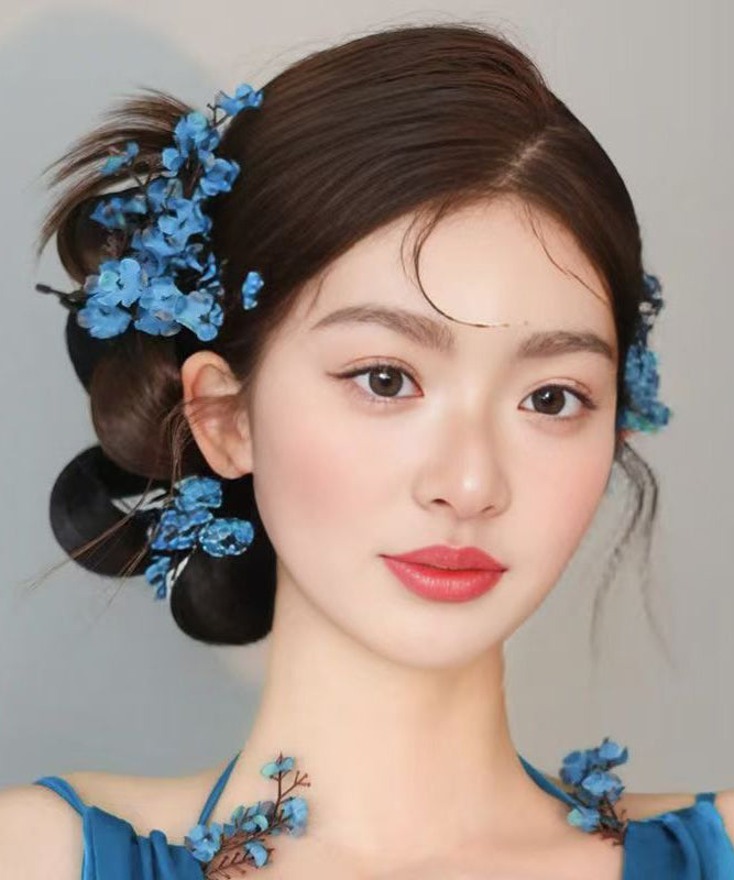 Chinese Style Blue Alloy Acrylic Floral Hairpin Suit