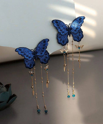 Chinese Style Blue Alloy Coloured Glaze Embroidery Butterfly Tassel Hairpin