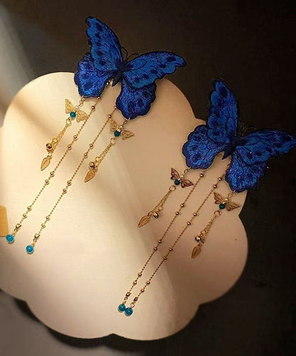 Chinese Style Blue Alloy Coloured Glaze Embroidery Butterfly Tassel Hairpin