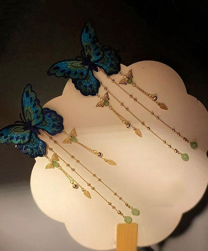 Chinese Style Blue Alloy Coloured Glaze Embroidery Butterfly Tassel Hairpin