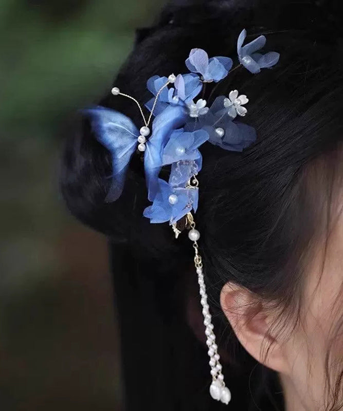 Chinese Style Blue Alloy Silk Floral Pealr Tassel Hairpin